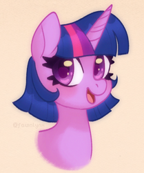 Size: 586x701 | Tagged: safe, artist:frostedpuffs, twilight sparkle, pony, g4, alternate hairstyle, bust, cute, open mouth, portrait, simple background, solo, twiabetes