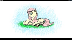 Size: 1024x576 | Tagged: safe, artist:erhannis, fluttershy, pegasus, pony, g4, blue eyes, female, grass, lying down, pink hair, pixel art, prone, simple background, smiling, solo, yellow coat