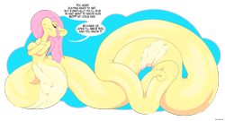 Size: 3000x1625 | Tagged: safe, artist:omnifelpur, artist:tacokurt, fluttershy, lamia, original species, g4, blue background, breasts, coils, confident, crossed arms, cute, dialogue, featureless breasts, female, fetish, fluttersnake, lamiafied, lamiashy, looking at you, nose in the air, ominous, shyabetes, simple background, solo, species swap, speech bubble, transparent background