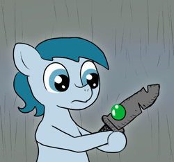 Size: 640x600 | Tagged: safe, artist:ficficponyfic, color edit, edit, editor:minus, oc, oc only, oc:larimar, earth pony, pony, colt quest, colored, colt, foal, gem, male, solo, surprised, sword, weapon