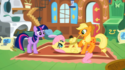 Size: 1920x1080 | Tagged: safe, screencap, applejack, fluttershy, twilight sparkle, earth pony, pegasus, pony, unicorn, g4, the return of harmony, bondage, context is for the weak, hogtied, lying down, mouth hold, on back, out of context, rope, unicorn twilight