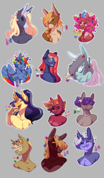 Size: 2000x3400 | Tagged: safe, artist:spookierdeer, applejack, big macintosh, fluttershy, maud pie, pinkie pie, rainbow dash, rarity, starlight glimmer, sunset shimmer, trenderhoof, trixie, twilight sparkle, flutter pony, anthro, g4, big breasts, breasts, colored wings, eyes closed, featureless breasts, female, flower, flower in hair, gray background, high res, male, mane six, multicolored wings, noblewoman's laugh, race swap, rainbow wings, redesign, simple background, wings