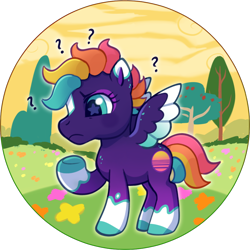 Size: 1002x1003 | Tagged: safe, artist:lastnight-light, oc, oc only, oc:vaporwave, pegasus, pony, g3, g3.5, g4, g4 to g3.5, generation leap, question mark, simple background, solo, starry eyes, transparent background, tree, two toned wings, wingding eyes, wings