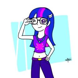 Size: 768x768 | Tagged: safe, artist:akainatt, twilight sparkle, human, g4, belly button, clothes, humanized, jeans, midriff, pants, solo