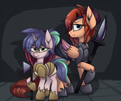 Size: 3092x2576 | Tagged: safe, artist:luxsimx, oc, oc only, pegasus, pony, unicorn, armor, duo, eye clipping through hair, female, high res, looking at you, mare, weapon