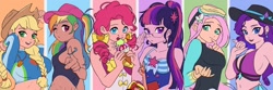 Size: 1500x500 | Tagged: source needed, useless source url, safe, artist:卯卯七, applejack, fluttershy, pinkie pie, rainbow dash, rarity, sci-twi, twilight sparkle, human, equestria girls, equestria girls specials, g4, my little pony equestria girls: better together, my little pony equestria girls: forgotten friendship, belly button, breasts, busty applejack, busty fluttershy, busty rarity, clothes, dark skin, delicious flat chest, female, flatlight sparkle, fluttershy's wetsuit, food, glasses, goggles, hat, human coloration, humane five, humane six, humanized, ice cream, looking at you, midriff, ponytail, sideboob, sleeveless, swimsuit, wetsuit, whistle