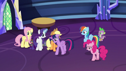 Size: 1920x1080 | Tagged: safe, screencap, applejack, fluttershy, pinkie pie, rainbow dash, rarity, spike, twilight sparkle, alicorn, dragon, earth pony, pony, g4, the last problem, cage, library, male, mane six, twilight sparkle (alicorn), twilight's castle, twilight's castle library, winged spike, wings