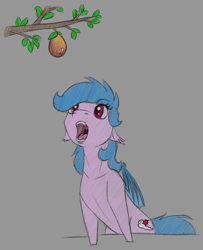 Size: 1300x1600 | Tagged: safe, artist:stray prey, oc, oc only, oc:fruit hulu, bat pony, pony, bat pony oc, bat wings, eyes on the prize, fangs, floppy ears, fruit, gray background, herbivore, hungry, open mouth, simple background, sketch, solo, wings