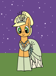 Size: 1184x1600 | Tagged: safe, artist:platinumdrop, applejack, earth pony, pony, g4, blonde, clothes, cosplay, costume, disney, dress, ear piercing, gloves, gown, hatless, jewelry, missing accessory, piercing, princess tiana, request, solo, the princess and the frog, tiana, tiara