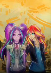 Size: 754x1080 | Tagged: safe, artist:enjal, aria blaze, sunset shimmer, equestria girls, g4, duo, female, lesbian, shipping, siblings, sisters, sunblaze