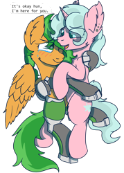 Size: 2150x3000 | Tagged: safe, artist:plone, oc, oc only, oc:atom smasher, oc:candy chip, cyborg, pegasus, pony, unicorn, the sunjackers, amputee, cyberpunk, female, high res, hug, mare, prosthetics, simple background, teary eyes, text, transparent background