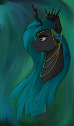 Size: 1150x1950 | Tagged: safe, artist:stray prey, queen chrysalis, changeling, changeling queen, g4, bust, crown, female, jewelry, necklace, profile, regalia, solo
