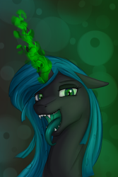 Size: 1000x1500 | Tagged: safe, artist:stray prey, queen chrysalis, changeling, changeling queen, g4, bust, female, floppy ears, glowing horn, horn, open mouth, sharp teeth, solo, teeth, tongue out