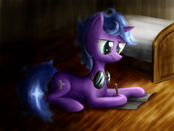 Size: 1600x1200 | Tagged: safe, artist:vunlinur, oc, oc only, pony, unicorn, bed, female, pencil, solo, writing