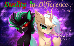 Size: 4509x2816 | Tagged: safe, artist:airiniblock, oc, oc only, oc:dusty tail, oc:el kemic, changeling, pony, unicorn, chest fluff, duo