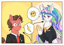 Size: 2000x1400 | Tagged: safe, artist:sugarelement, princess celestia, oc, oc:banana pie, alicorn, pony, unicorn, g4, :i, banana, clothes, female, food, handkerchief, microphone, necktie, speech bubble, suit, sun, sunglasses, that pony sure does love bananas