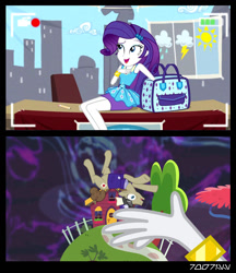 Size: 1288x1488 | Tagged: safe, edit, edited screencap, editor:teren rogriss, screencap, parcel post, post haste, rarity, earth pony, pony, best trends forever, equestria girls, equestria girls series, g4, make new friends but keep discord, bracelet, clothes, female, geode of shielding, handbag, jewelry, legs, magical geodes, pencil skirt, purse, rarity peplum dress, rarity's handbag, skirt, the discord zone