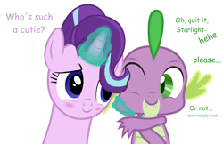 Size: 1020x660 | Tagged: safe, artist:ursamanner, spike, starlight glimmer, dragon, pony, unicorn, g4, blushing, cheek pinch, cute, dialogue, female, glimmerbetes, magic, male, one eye closed, show accurate, simple background, smiling, spikabetes, spikelove, white background