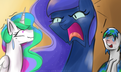 Size: 1366x820 | Tagged: safe, artist:nanazdina, princess celestia, princess luna, oc, oc:earth-chan, alicorn, earth pony, pony, g4, comic, earth, earth chan, eclipse, fanart, ponified, royal sisters, scared, screaming, simple shading, sisters, trio