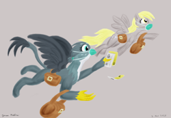 Size: 2600x1800 | Tagged: safe, artist:rockhoppr3, derpy hooves, gabby, griffon, pegasus, pony, g4, bag, coronavirus, covid-19, envelope, flying, gray background, mask, saddle bag, simple background, surgical mask