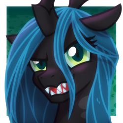 Size: 2048x2048 | Tagged: safe, artist:whitequartztheartist, queen chrysalis, changeling, changeling queen, g4, bust, crown, fangs, female, high res, jewelry, open mouth, portrait, regalia, solo