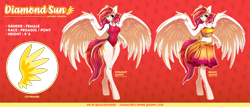 Size: 7572x3226 | Tagged: safe, artist:ask-colorsound, oc, oc only, oc:diamond sun, pegasus, anthro, unguligrade anthro, abstract background, absurd resolution, belly button, breasts, clothes, female, mare, midriff, one-piece swimsuit, reference sheet, smiling, solo, spread wings, swimsuit, wings