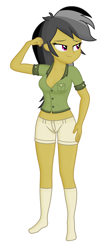 Size: 1630x3630 | Tagged: safe, artist:ah96, editor:ah96, daring do, human, equestria girls, g4, bedroom eyes, breasts, busty daring do, clothes, denim shorts, female, flexing, ms paint, shading, shorts, simple background, smiling, solo, white background