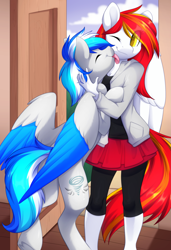 Size: 1869x2737 | Tagged: safe, artist:scarlet-spectrum, oc, oc:diamond sun, oc:hawker hurricane, pegasus, pony, anthro, series:pet hawk, alternate universe, anthro with ponies, clothes, commission, duo, female, hawkmond, licking, male, mare, skirt, stallion, tongue out