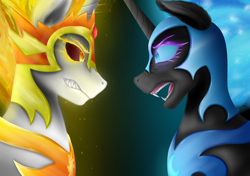 Size: 3840x2700 | Tagged: safe, artist:flaxen's art corner, daybreaker, nightmare moon, alicorn, pony, g4, glowing eyes, high res, looking at each other, open mouth
