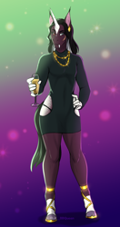 Size: 2442x4630 | Tagged: safe, artist:blackblood-queen, oc, oc only, oc:demetrius crow, bat pony, bat pony unicorn, hybrid, unicorn, anthro, unguligrade anthro, abstract background, alcohol, anthro oc, backlighting, beautiful, beautisexy, black dress, breasts, champagne, clothes, coat markings, delicious flat chest, digital art, dress, ear piercing, earring, facial markings, fangs, female, glass, gradient background, hand on hip, heterochromia, hoof shoes, hooves, horn, jewelry, legs, little black dress, looking at you, mare, necklace, piercing, quadriceps, scar, sexy, slit pupils, socks (coat markings), solo, star (coat marking), thighs, wide hips, wine, wine glass