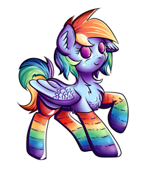 Size: 2377x2551 | Tagged: safe, artist:coco-drillo, rainbow dash, pegasus, pony, g4, alternate hairstyle, chest fluff, clothes, colorful, cute, ear fluff, floppy ears, folded wings, freckles, high res, kneesocks, rainbow socks, raised hoof, simple background, smiling, socks, stockings, striped socks, thigh highs, transparent background, wings