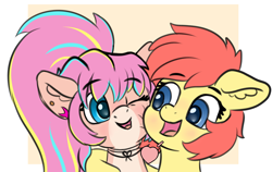 Size: 3628x2299 | Tagged: safe, artist:yelowcrom, oc, oc only, oc:bijou butterfly, oc:brushie, earth pony, pony, blushing, duo, ear piercing, female, heart, high res, looking at each other, mare, multicolored mane, pale belly, piercing, reference sheet, simple background