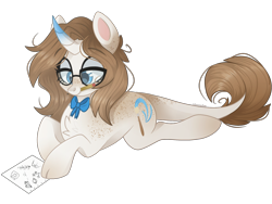 Size: 2224x1668 | Tagged: safe, artist:cinnamontee, oc, oc only, oc:goldie steak, pony, unicorn, cloven hooves, curved horn, female, glasses, horn, leonine tail, lying down, mare, mouth hold, paper, pencil, prone, simple background, solo, transparent background