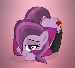Size: 2252x2062 | Tagged: safe, artist:chomakony, oc, oc only, oc:ruby geminis, earth pony, pony, alternate clothes, bedroom eyes, butt, clothes, earth pony oc, face down ass up, female, gradient background, hair over one eye, high res, lidded eyes, looking at you, mare, master, plot, show accurate, simple background, smiling, socks, solo, sweatshirt, tail aside
