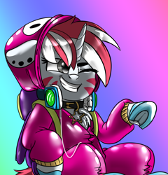 Size: 2072x2160 | Tagged: safe, artist:brainiac, oc, oc:pink noise, pony, unicorn, clothes, cosplay, costume, cute, fall guys, female, high res, kigurumi, mare, screencap reference, solo, spotify