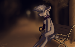 Size: 2305x1441 | Tagged: safe, artist:observerdoz, artist:toanderic, double diamond, pony, g4, alone, autumn, bench, clothes, collaboration, evening, male, night, park, scarf, sitting, solo, stallion, tree