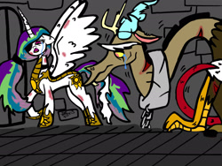 Size: 2048x1536 | Tagged: safe, artist:artmama113, discord, princess celestia, alicorn, draconequus, pony, g4, armor, chains, collar, crying, duo, female, hoof shoes, male, mare, prison, story included