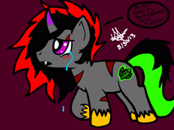 Size: 2048x1536 | Tagged: safe, artist:artmama113, oc, oc only, oc:dark emerald, pony, colt, crying, eye scar, male, offspring, parent:king sombra, parent:oc:yaoilover, parents:canon x oc, raised hoof, scar, signature, simple background, solo, unshorn fetlocks