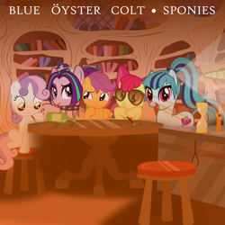 Size: 2000x2000 | Tagged: safe, artist:cyanlightning, artist:doctor-g, artist:grapefruitface1, artist:osipush, apple bloom, aria blaze, scootaloo, sonata dusk, sweetie belle, pony, g4, album cover, blue oyster cult, bottle, candle, cutie mark crusaders, duckface, egg timer, equestria girls ponified, golden oaks library, high res, looking at you, offscreen character, ponified, ponified album cover, rock (music), show accurate, sunglasses, table