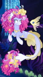 Size: 720x1280 | Tagged: safe, artist:ninjagobrony287, oc, oc only, oc:halo, oc:suraya reef, fish, hybrid, seapony (g4), starfish, clam, female, jewelry, mare, necklace, pearl, pet oc, seashell, solo, underwater