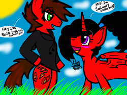 Size: 2048x1536 | Tagged: safe, artist:artmama113, oc, oc:blitz inferno, oc:yaoilover, alicorn, bat pony, bat pony alicorn, pony, bat pony oc, bat wings, bipedal, clothes, dialogue, duo, female, grass, horn, male, mare, signature, stallion, sun, wings