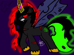 Size: 2048x1536 | Tagged: safe, artist:artmama113, oc, oc only, oc:dark emerald, changepony, hybrid, pony, fangs, male, offspring, parent:king sombra, parent:oc:yaoilover, parents:canon x oc, purple background, scar, signature, simple background, solo, sombra eyes, unshorn fetlocks