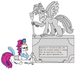 Size: 2701x2417 | Tagged: safe, artist:supahdonarudo, queen novo, oc, oc:king waverider, classical hippogriff, hippogriff, my little pony: the movie, crying, holding, lying down, memorial, mourning, prone, sad, simple background, statue, teary eyes, text, transparent background, trident
