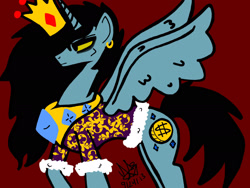 Size: 2048x1536 | Tagged: safe, artist:artmama113, oc, oc only, alicorn, pony, alicorn oc, clothes, crown, ear piercing, earring, horn, jewelry, male, peytral, piercing, red background, regalia, signature, simple background, stallion, wings