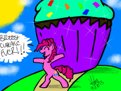 Size: 2048x1536 | Tagged: safe, artist:artmama113, pinkie pie, earth pony, pony, g4, bipedal, clothes, cloud, cupcake, eyes closed, female, food, mare, open mouth, outdoors, signature, smiling, sun, talking