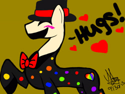 Size: 2048x1536 | Tagged: safe, artist:artmama113, oc, oc only, earth pony, pony, blushing, bowtie, clown, earth pony oc, eyes closed, hat, heart, male, raised hoof, signature, simple background, stallion, talking