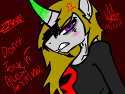 Size: 2048x1536 | Tagged: safe, artist:artmama113, oc, oc:zane, unicorn, anthro, angry, blushing, bust, clothes, cross-popping veins, gritted teeth, horn, red background, signature, simple background, unicorn oc