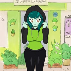 Size: 1280x1280 | Tagged: safe, artist:theratedrshimmer, wallflower blush, human, equestria girls, g4, breasts, busty wallflower blush, clothes, cute, female, flowerbetes, freckles, hoodie, shy, solo, style emulation, sweater, wallflower and plants