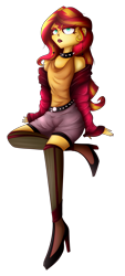Size: 1721x3816 | Tagged: safe, artist:mywasasi, sunset shimmer, equestria girls, g4, belt, boots, choker, clothes, ear piercing, earring, eyeshadow, high heel boots, jewelry, lipstick, makeup, piercing, raised eyebrow, shoes, shorts, shoulderless, simple background, solo, transparent background