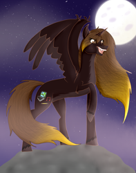 Size: 1251x1586 | Tagged: safe, artist:twin-fan, oc, oc only, alicorn, pony, alicorn oc, full moon, horn, moon, night, nightmarified, open mouth, raised hoof, solo, stars, wings